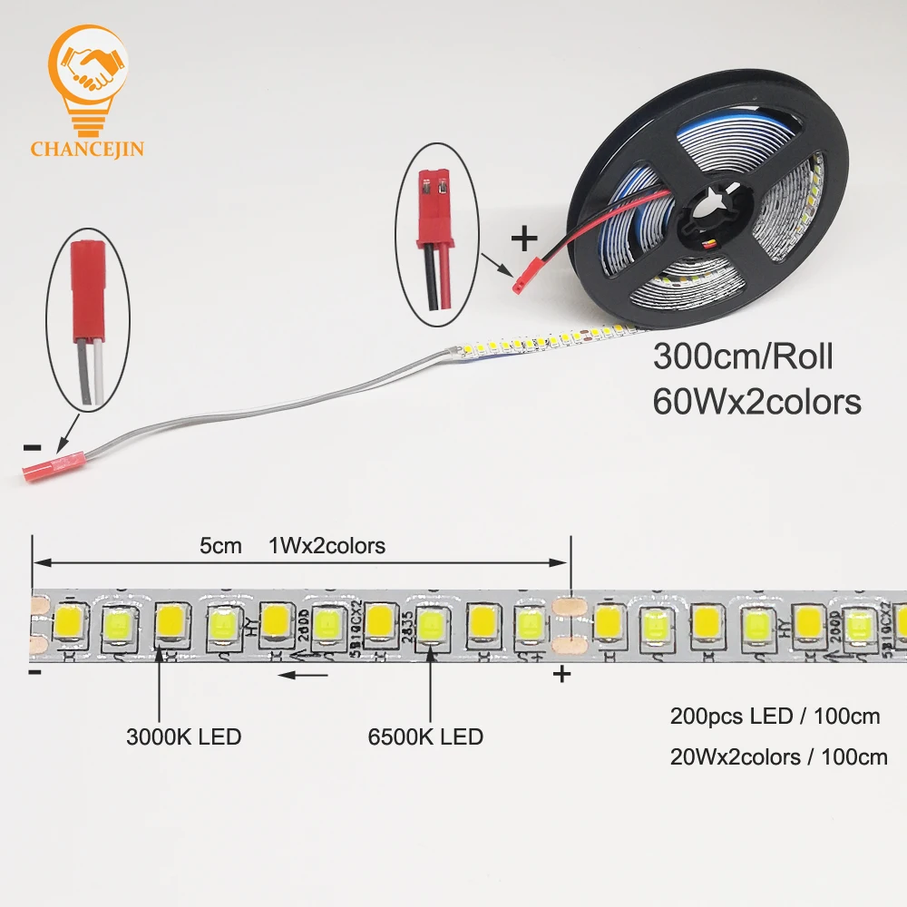แถบไฟ LED 2835สีคู่ยาว3เมตรสำหรับซ่อมโคมไฟระย้าไฟเส้น LED 3000K + 6500K (51-60W) สำหรับใช้ในอาคาร