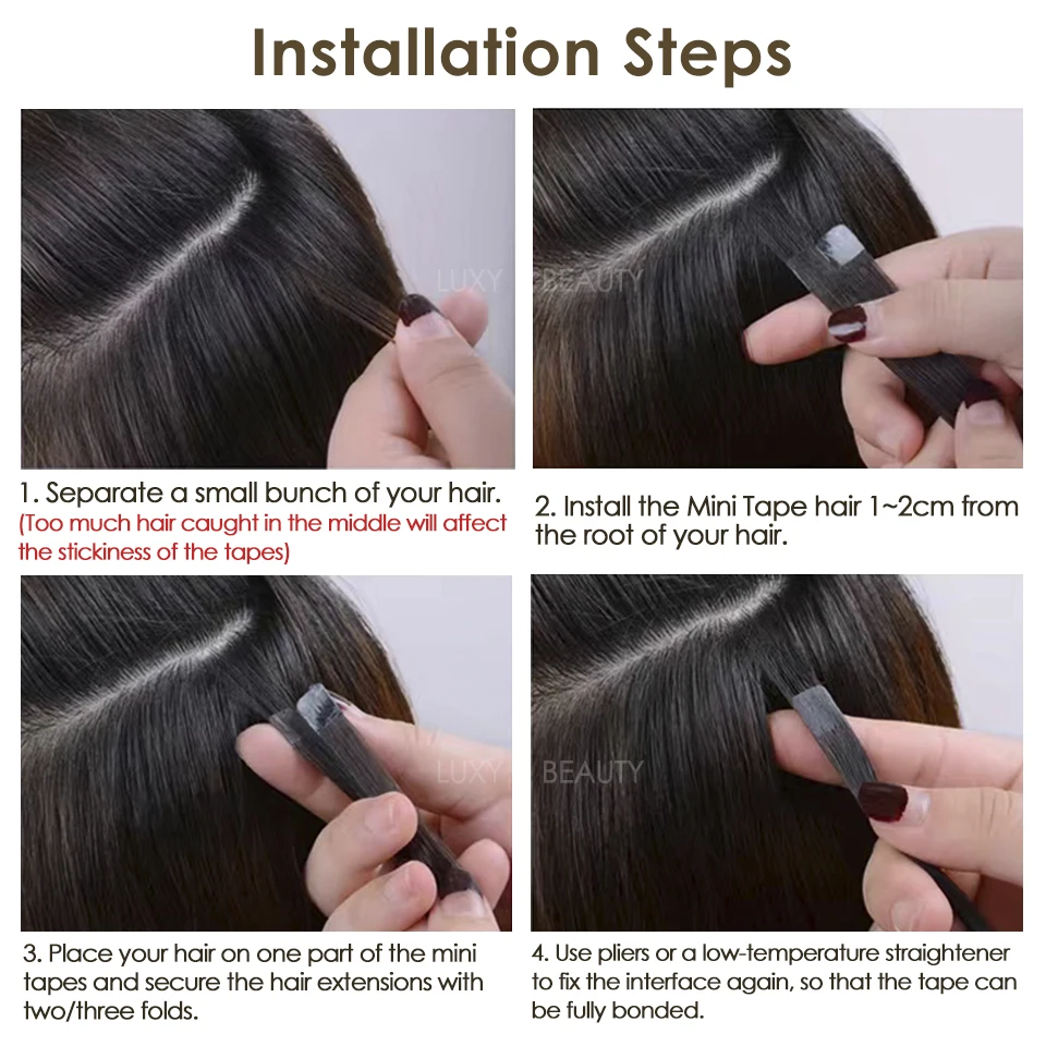Mini-Tape in Echthaarverlängerungen, doppelseitig, unsichtbar, nahtlos, Tape im Haar, 10 Stück/Set, natürlich, glatt, Schwarz, Braun, Blond