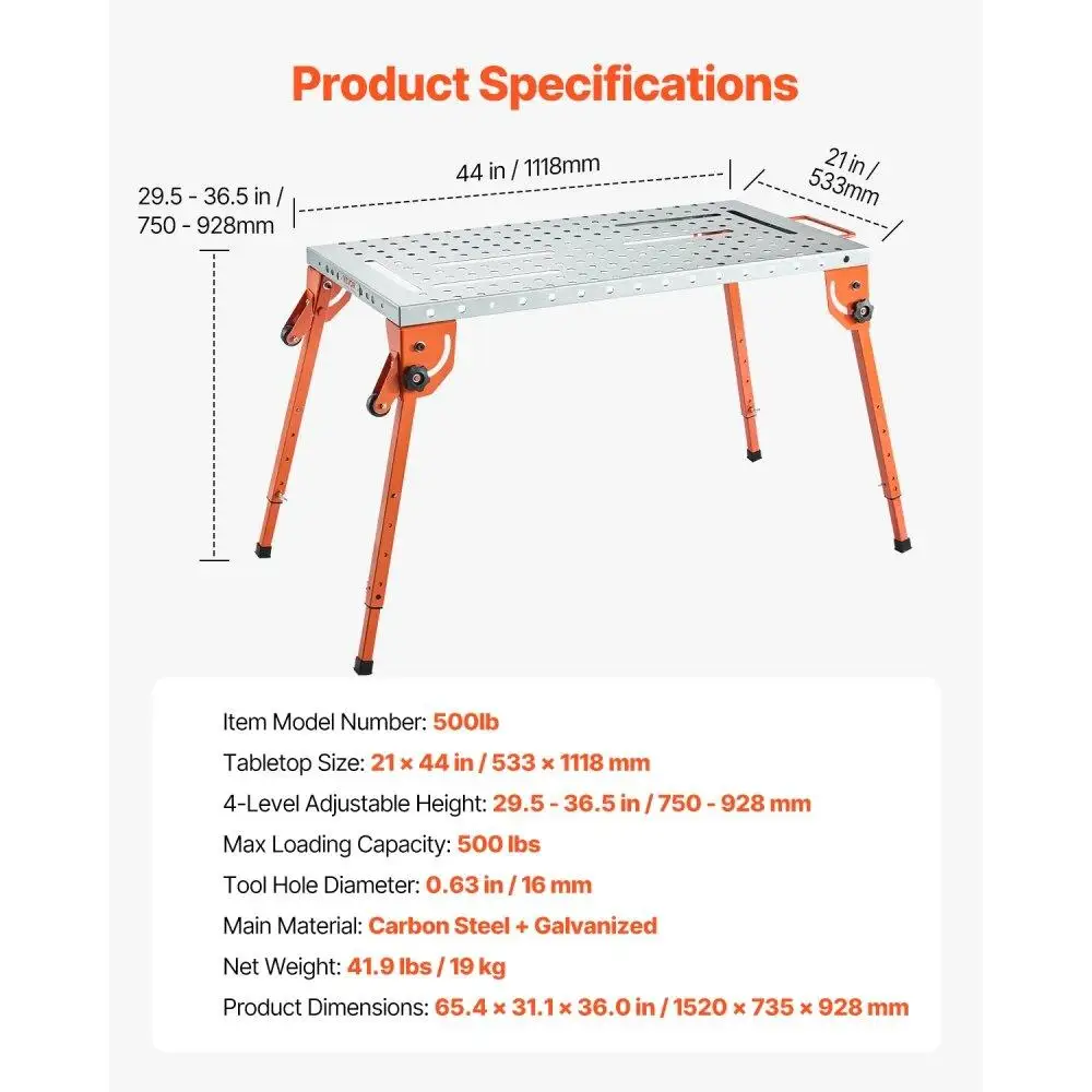 Welding Table 44 x 21 500LBS Adjustable Folding Workbench