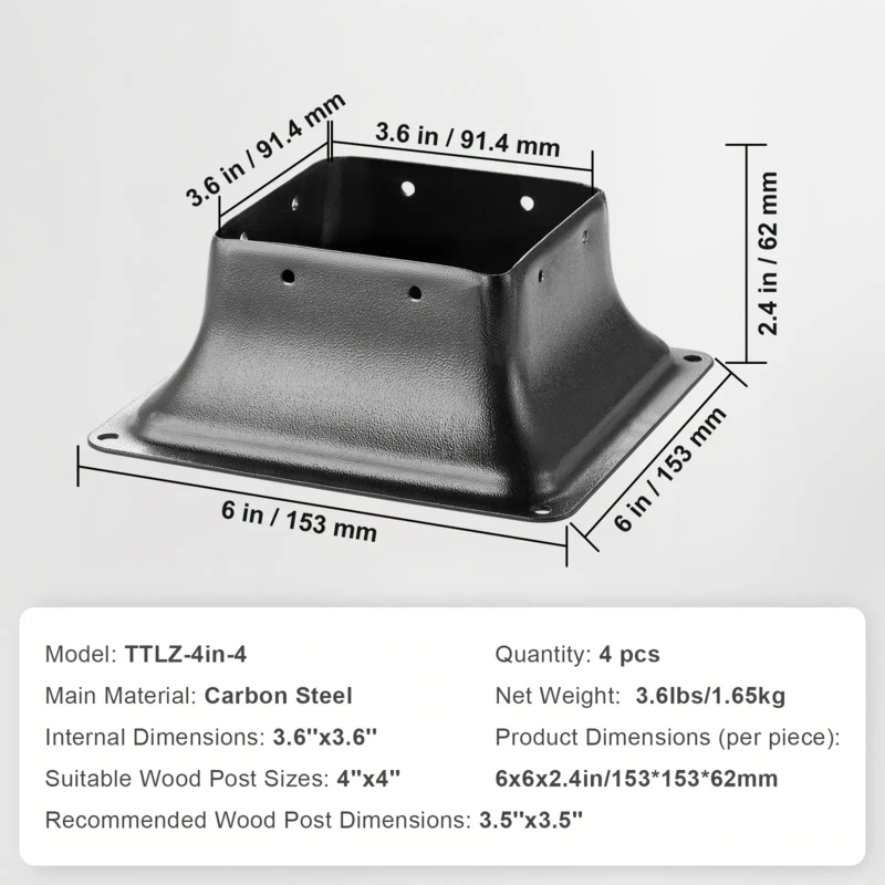 Base de poste 4x4 4 peças-suporte de deck de aço revestido em pó para postes de madeira, suporte para varanda/mandril, ajuste interno de 3,6"x3,6"