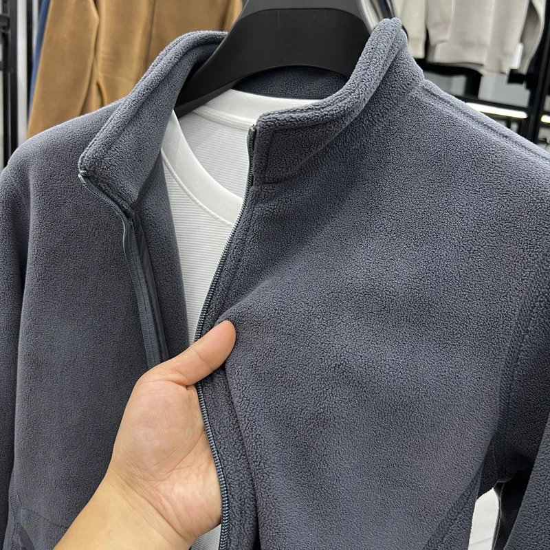 Men's Double-Sided Fce Hoodie Jaet Pure Color Warm Stand Collar Coat Winter Thiened Polyester Long Sve Casual Sle