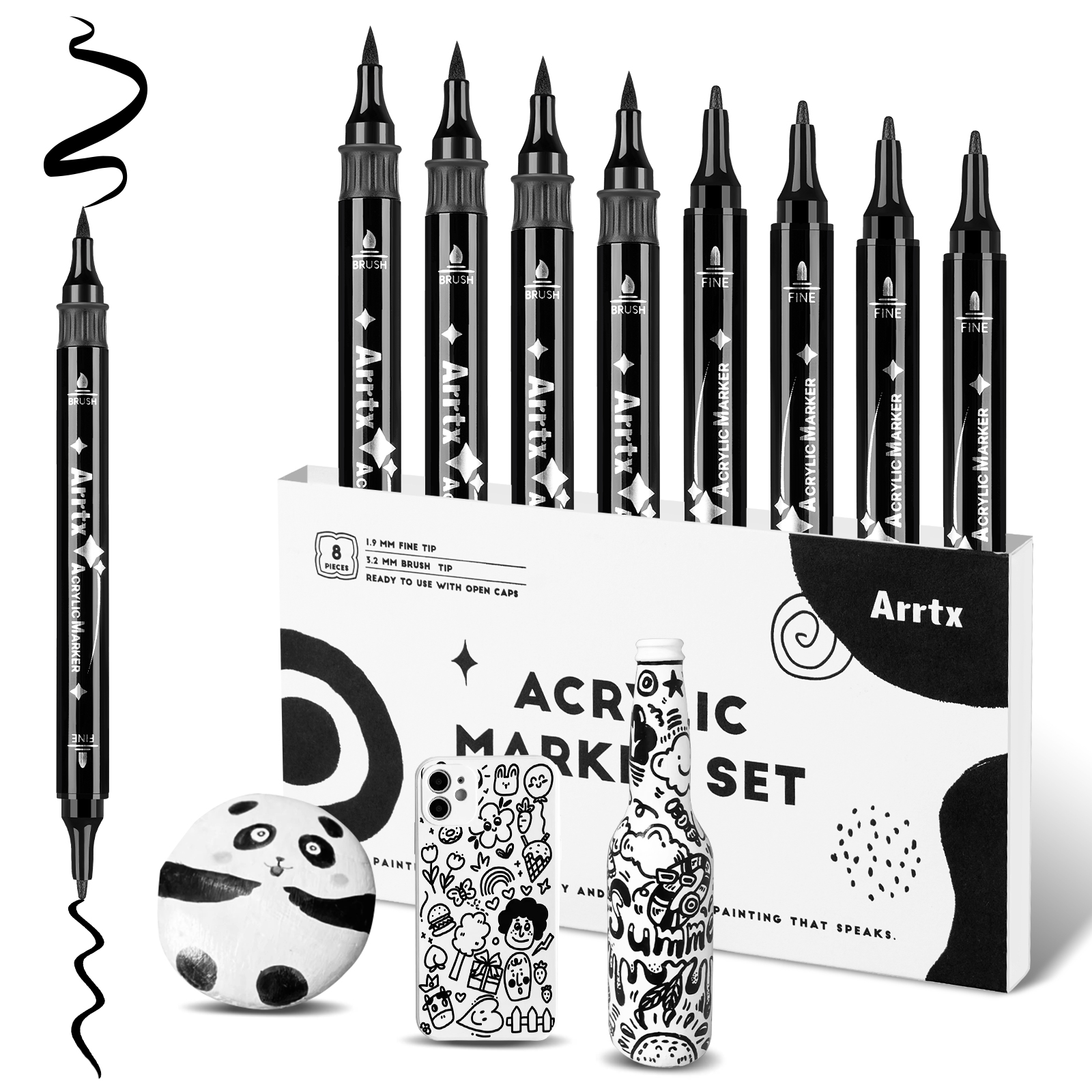 Arrtx Bolígrafos de pintura acrílica negra, paquete de 8 pinceles y marcadores de pintura de punta fina para pintura rupestre, dibujo, madera, graffiti, lienzo