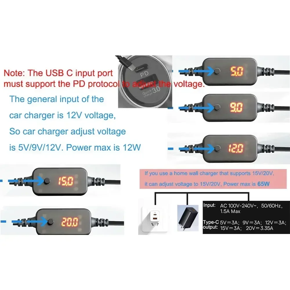 Cable de carga rápida PD de voltaje ajustable de 5-20V para portátil Lenovo Asus Hp Acer y más Cable adaptador de corriente tipo C a DC5.5x2.1mm