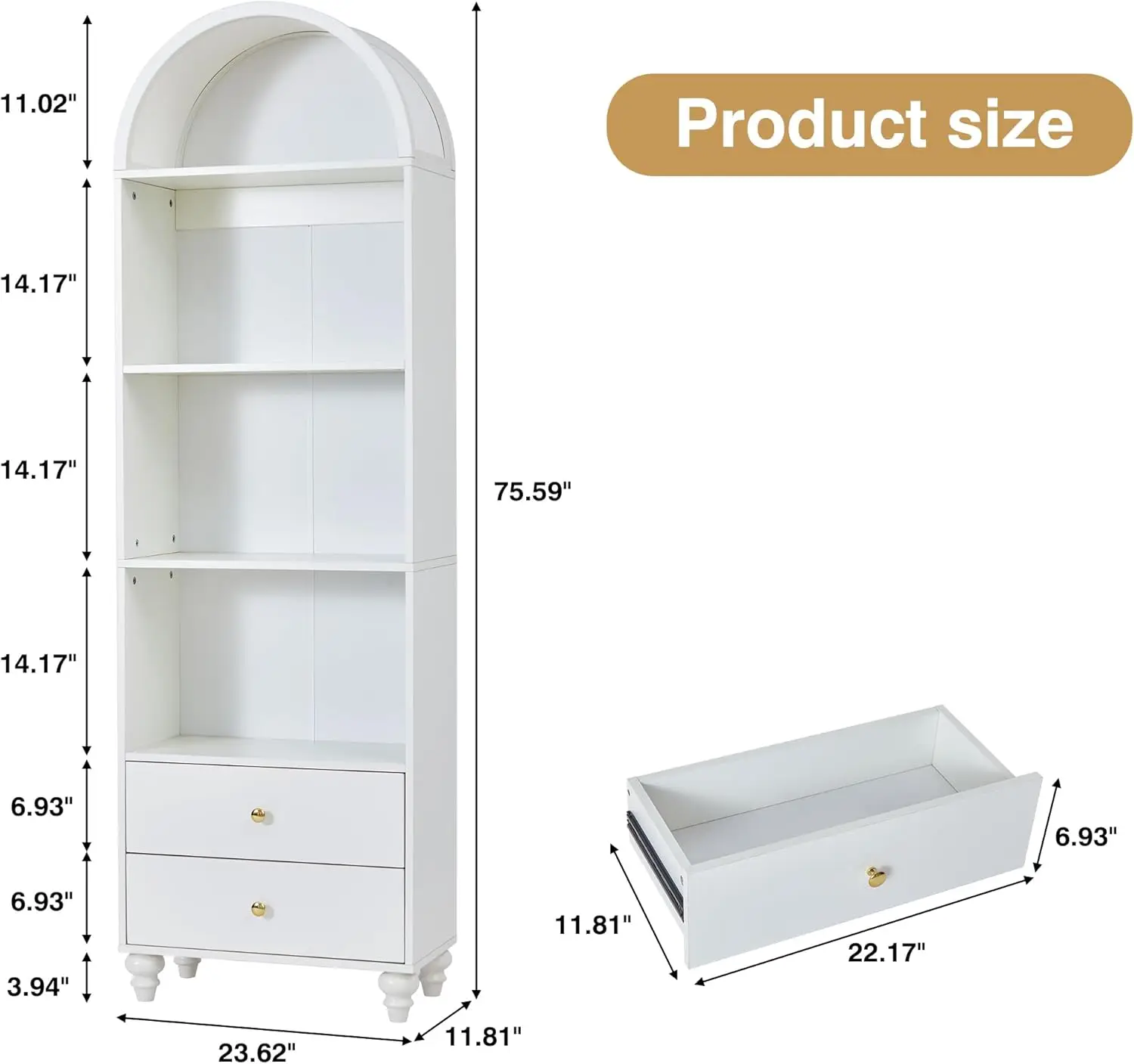 75.59" Tall Bookcase, 4 Tier Arched Bookshelf with 2 Drawers, Modern Book Display Storage Cabinet for Living Room, Bedroom