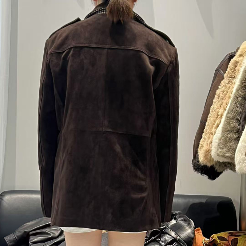 Luxury High-end Kid Suede Leather Jacket for Women Winter Pockets Slimming Coat Filled With Mulberry Silk Deep Coffee Warm Veste