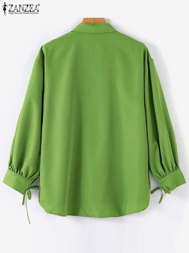 ZANZEA ファッション女性ブラウススタイリッシュな固体ルーズイスラム教徒ブラウスドバイトルコ Blusas 秋エレガントな長袖レースアップグリーントップス