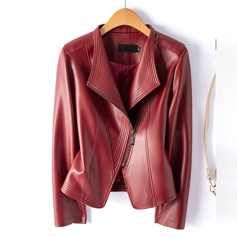 M-5XL シープスキンレザージャケット女性ショートスリムスプリットレザージャケットコート 2024 シックなレディースブラック/ワインレッドレザー生き抜くトップス