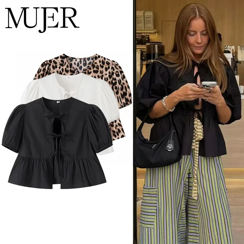 MUJER-Blusas con volantes para mujer, camisas y blusas con mangas abullonadas para mujer, Top corto fruncido blanco y negro, blusa fruncida para mujer