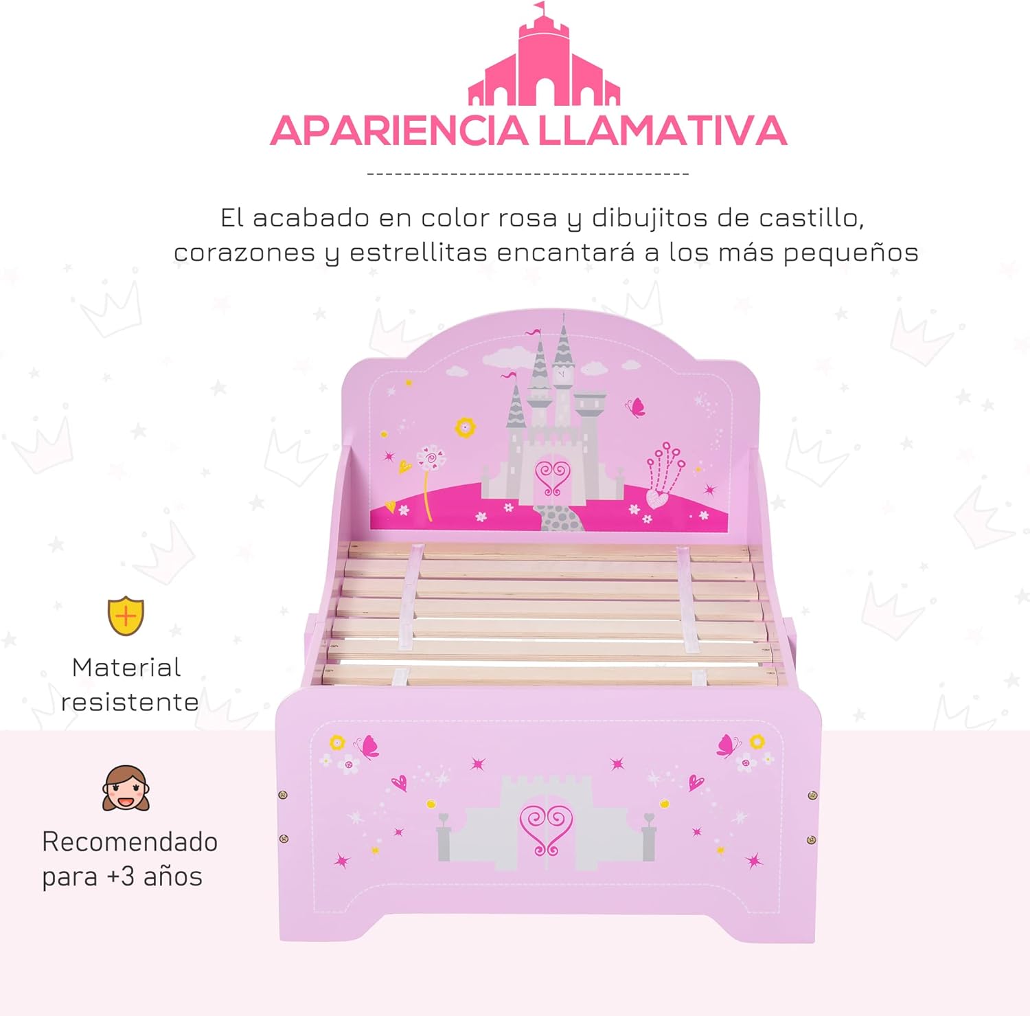 Cama Infantil para +3 Años 143x73x60 cm Cama para Niños de Madera con Barreras de Protección Carga Máx. 50 kg