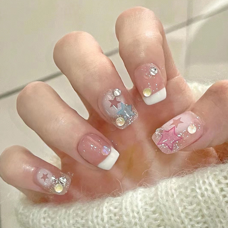 24 шт. съемные короткие накладные ногти Y2k со стразами и клеем Балетные милые крутые искусственные накладные ногти для девочек