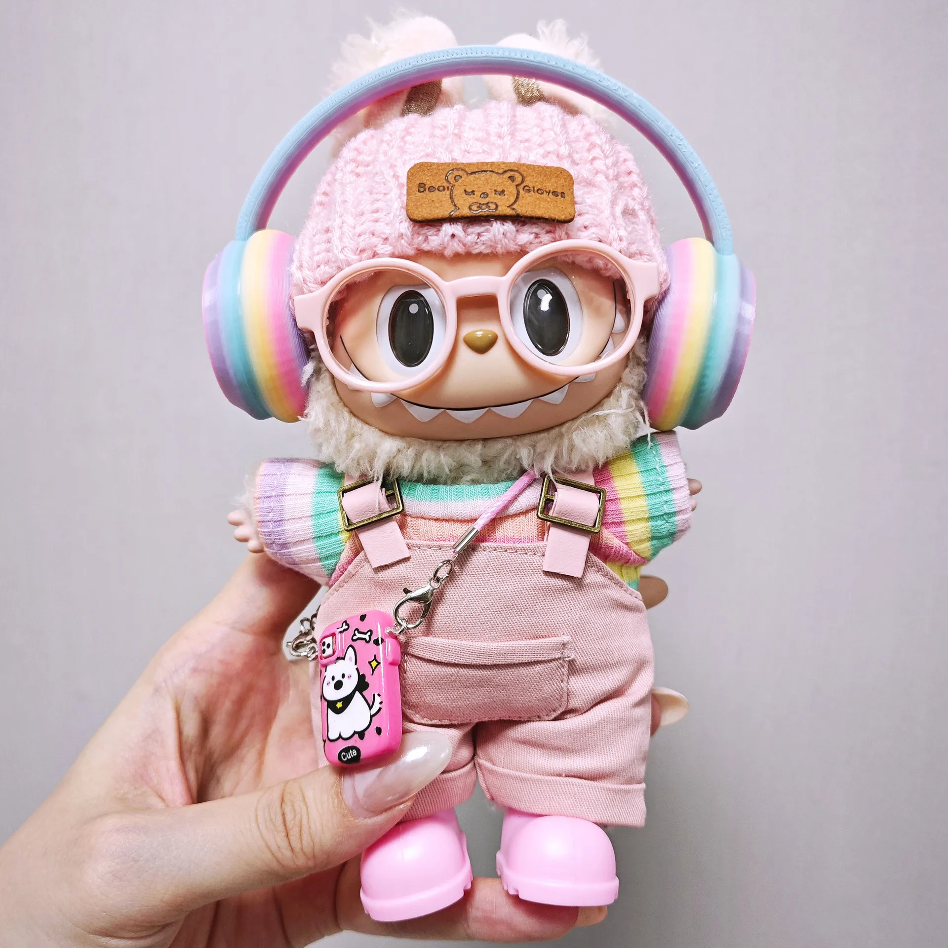 Labubu-Kleidung Rosa Overalls, bunte Kopfhörersets, regenbogenfarbene Faltenrock-Kleidung, Labubu-Zubehör (keine Puppen)