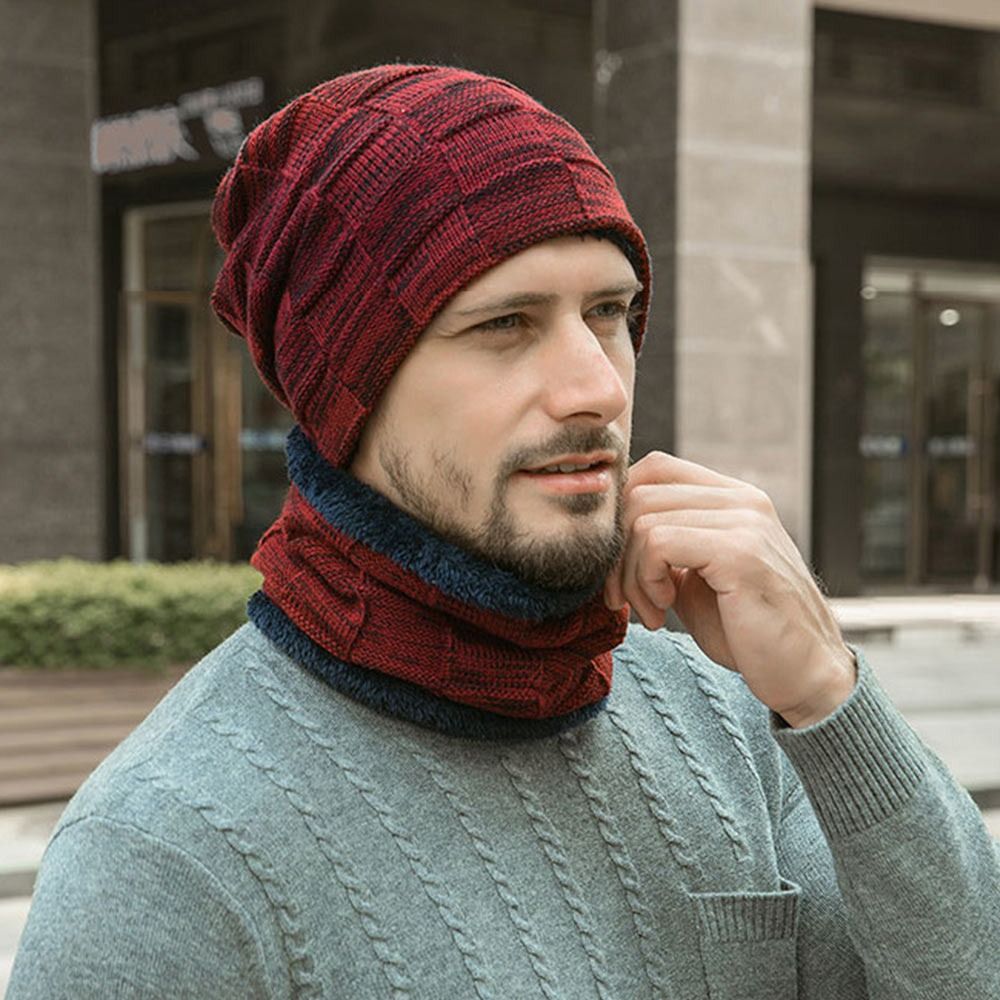 Mode Winter Herren Mütze Hut Schal Set dicken Fleece gefüttert Hals wärmer Schädel Motorhaube warme Ski mütze