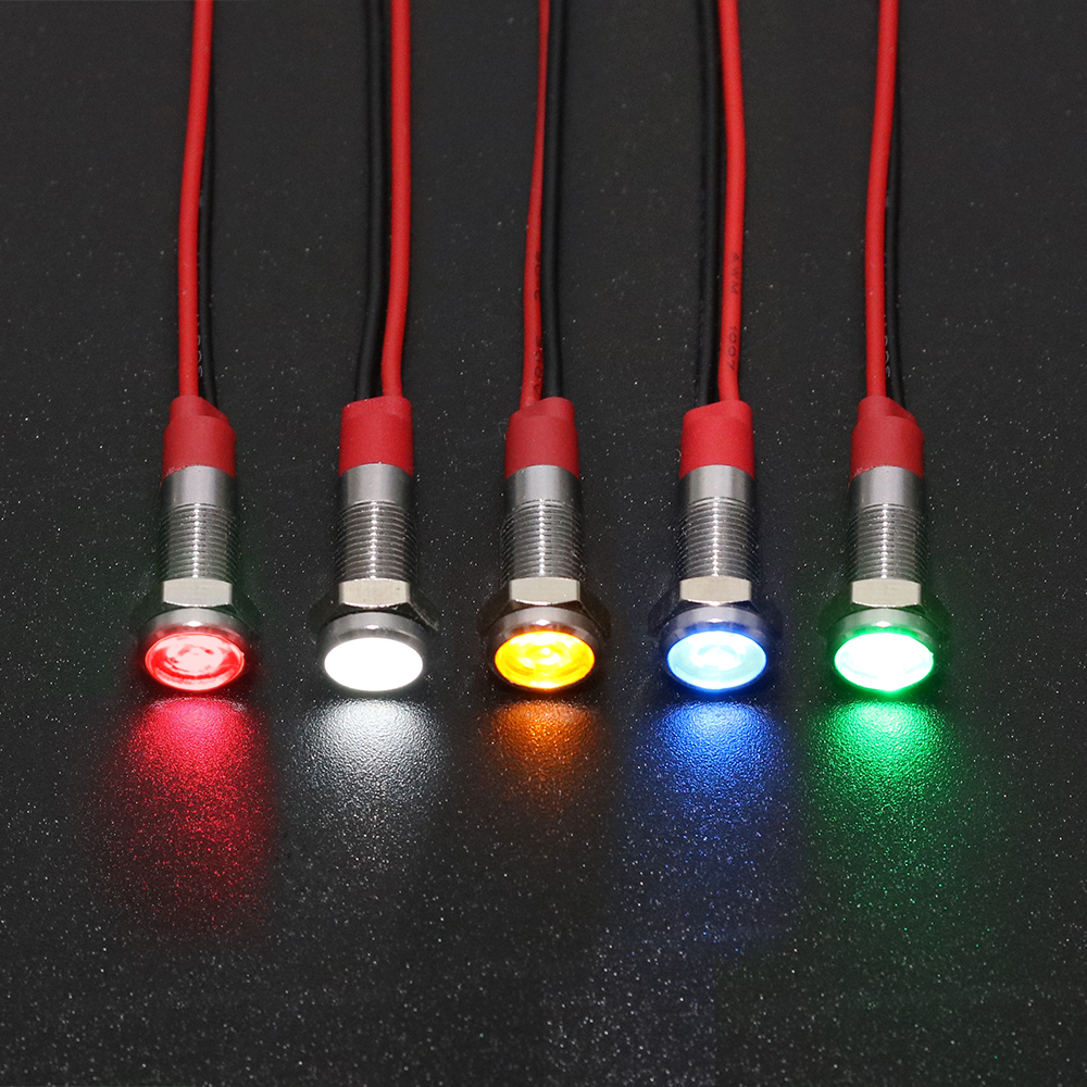 6 mm LED-Metallanzeigeleuchte, 6 mm wasserdichte Signallampe, 6 V, 12 V, 24 V, 220 V, Drähte verbinden, Messing-Nickel-Beschichtung, grün, rot, blau