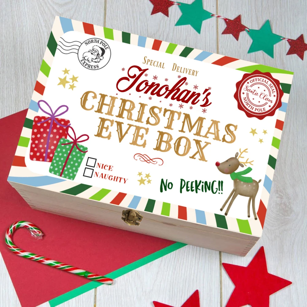 Caixa de véspera de natal personalizada meninos meninas nome personalizado caixas de lembrança de natal caso de férias de madeira crianças presente de natal para criança