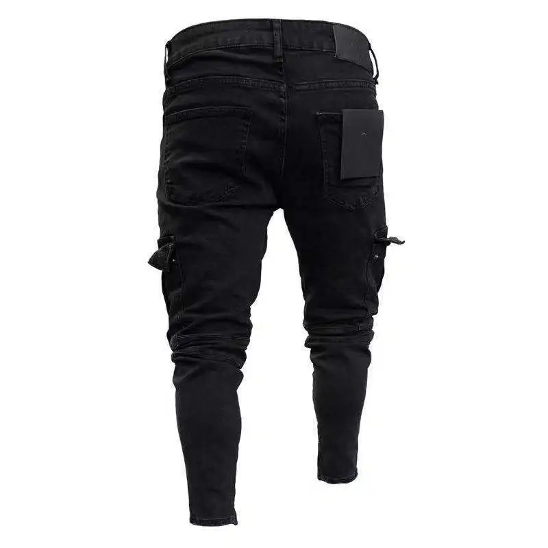 Slim Biker Herren zerrissene lange Denim-Hose Skinny Jeans Tasche Junge Mann Jogginghose ​ Zerstörte dehnbare schwarze Hose