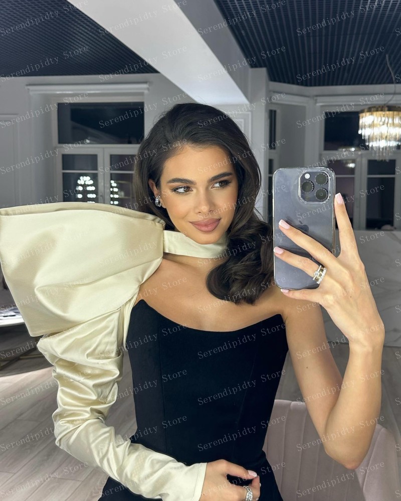 SERENDIPIDTY Bicolor Black Matte Satin Strapless Mini Party Dress One Shoulder Long Fluffy Sleeve Cocktail Dresses Ever Pretty