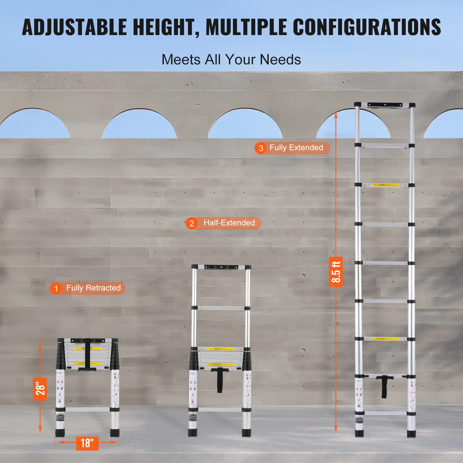 SucceBuy Scala telescopica 8,5/16,5/20,3FT Scala pieghevole a retrazione con un solo pulsante in alluminio Scale portatili per casa RV Loft