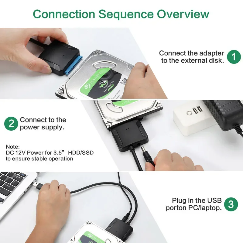 USB 3.0 to SATA Adapter SATA Cable for 3.5/2.5 Inch SSD HDD SATA III Hard Drive Disk Support UASP with External 12V/2A Power