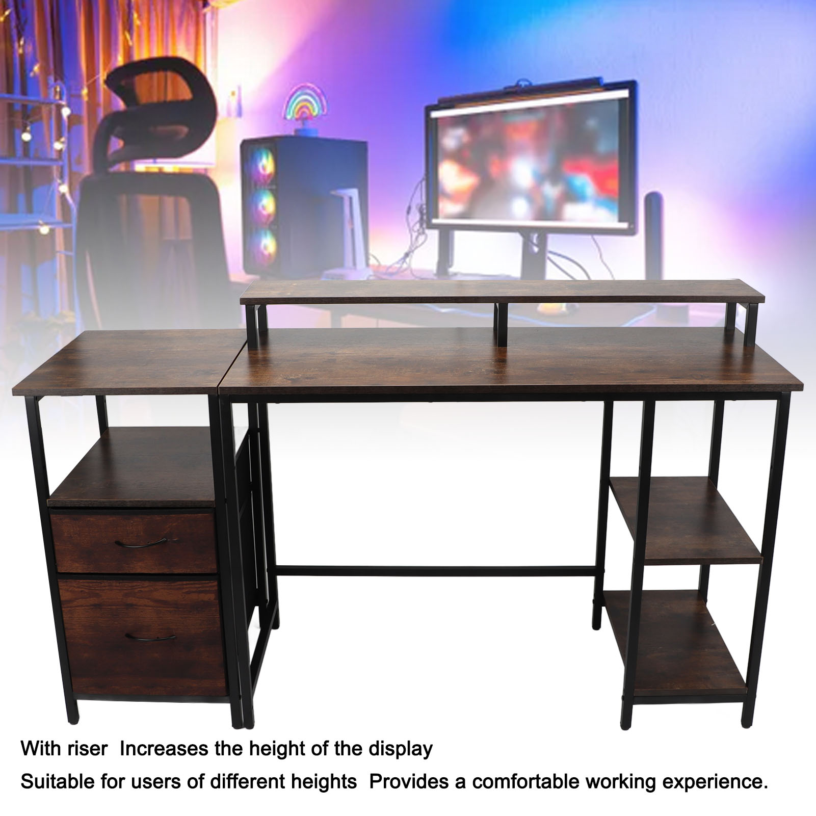Mesa de computador para escritório doméstico Mesa de computador industrial Mesa de computador vintage com prateleira elevada para escritório doméstico