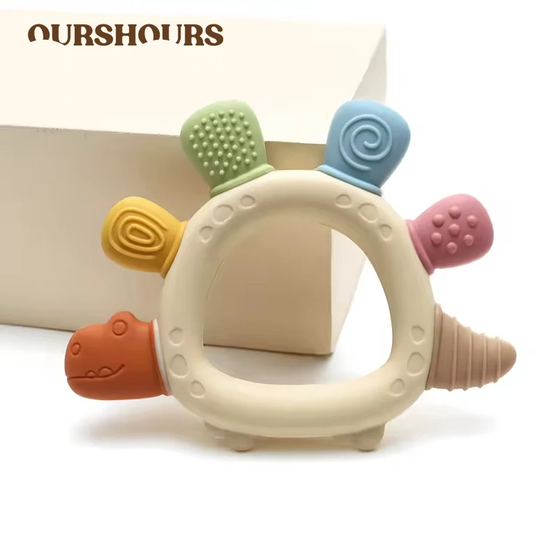 Juguetes para la dentición de silicona con forma de dinosaurio para bebé, sin BPA, fácil de agarrar, mordedor para el cuidado infantil, juguete para masticar, regalo para recién nacidos, accesorio para bebés