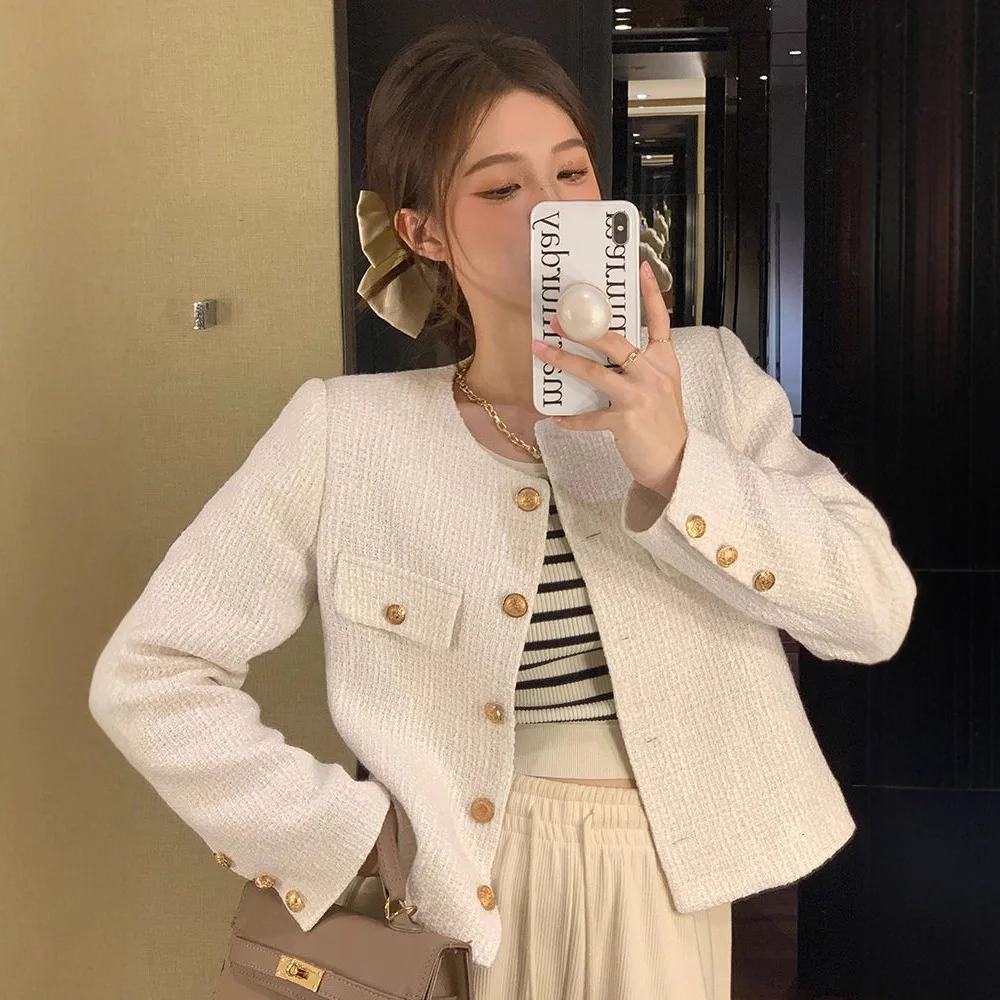 Casaco de tweed de lã francesa moda high-end botão de ouro curto fino temperamento primavera e outono casacos coreanos jaqueta feminina nova