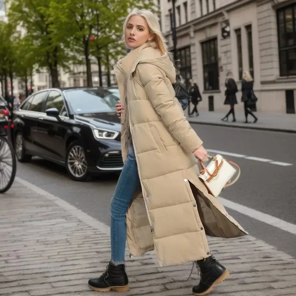 Abrigo de algodón, Parka larga, chaqueta para mujer, Otoño Invierno 2023, abrigos gruesos y cálidos, Parkas de plumón blancas con capucha de tendencia de bloque tejido