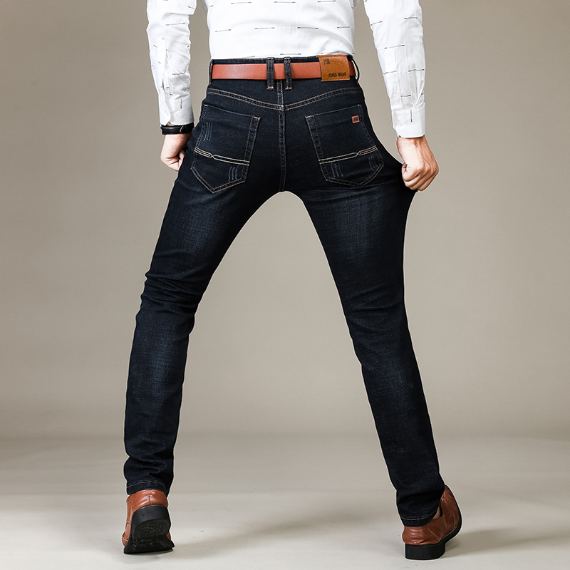 Calça jeans masculina de negócios, casual, reta, elástica, moda clássica, azul, preta, trabalho, roupas de marca masculina