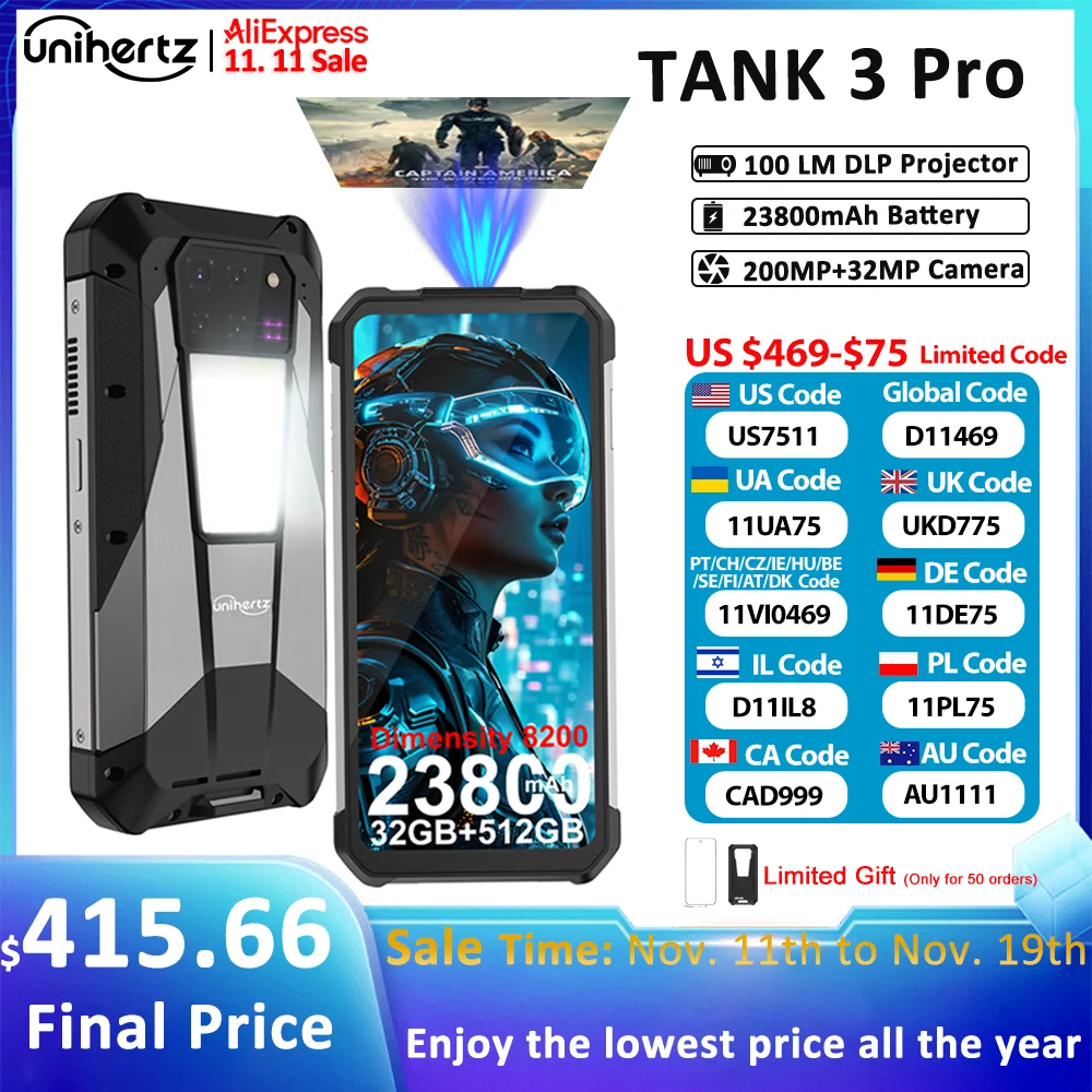 Unihertz Tank 3 Pro 8849 Smartphone resistente 5G Android con proyector de 100 lúmenes 32GB 512GB 23800mAh 6,79 "FHD teléfono impermeable