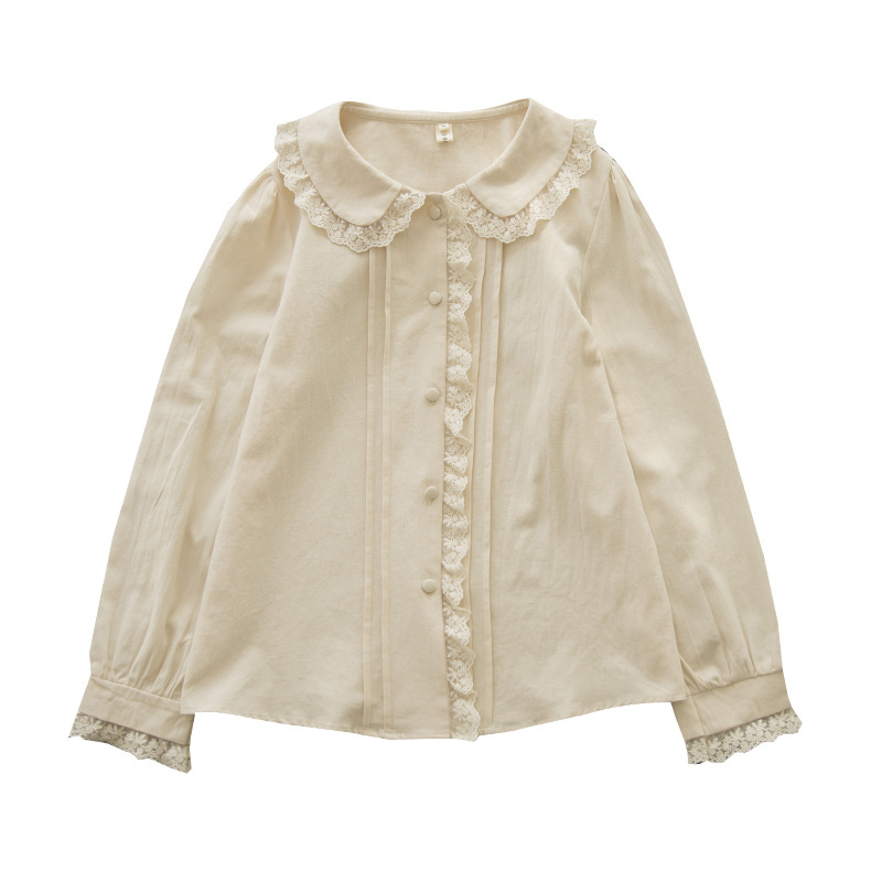 新しい秋綿 100% 白シャツ女性固体かわいいトップスガールピーターパン襟長袖シックなレースブラウス春 T39134QM