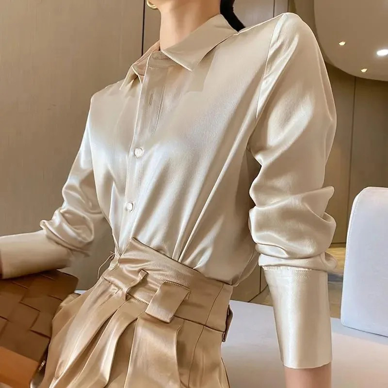 2024 ฤดูร้อนแฟชั่นผู้หญิงสบายๆซาตินเสื้อแขนยาวผู้หญิงเสื้อและเสื้อ Slim Femal เสื้อผ้า