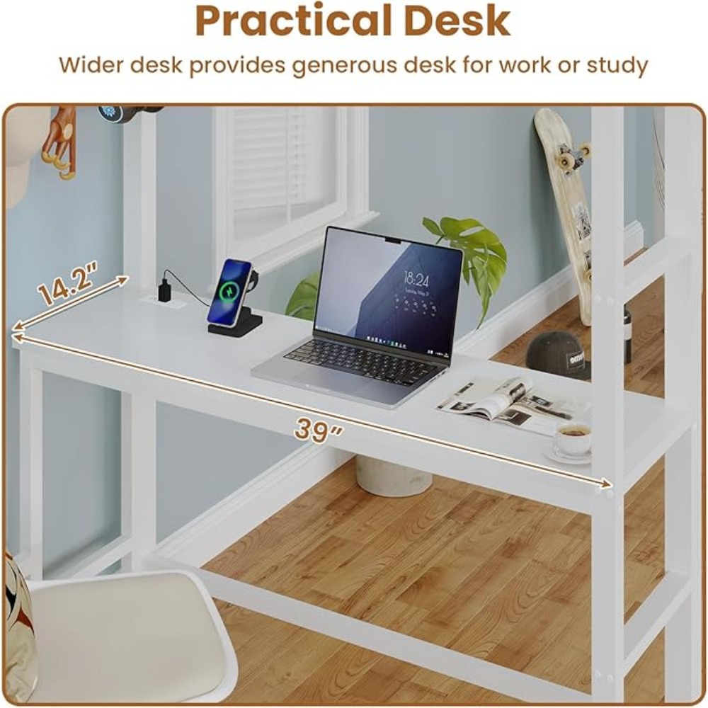 Twin Loft Bed with Desk & 8 Drawers Tall Dresser, Metal Loft Bed with LED Lights & Charging Station, 2-Tier Storage Shelves