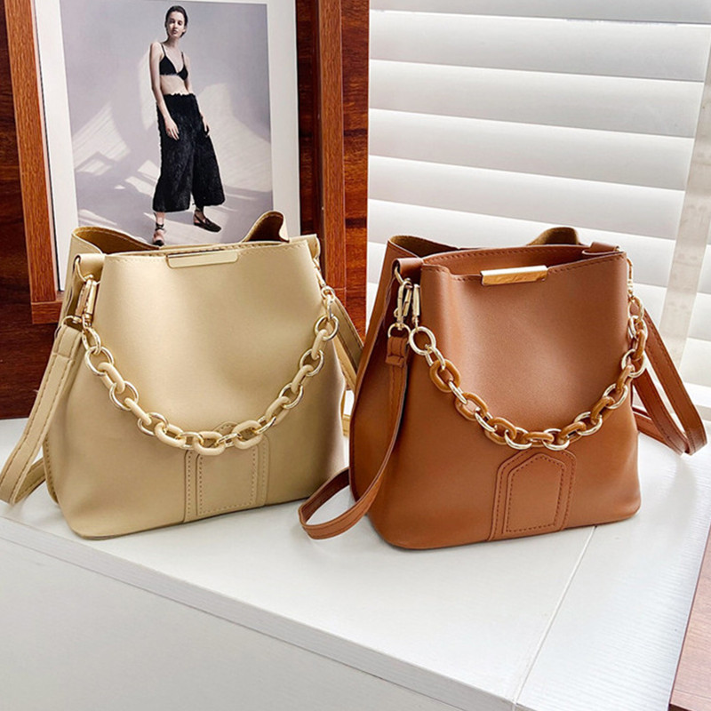 Bolso de hombro de cuero con cadena coreana para mujer, bolsos casuales, bolso cruzado, bolsos de cubo, bolsos de mensajero de diseñador