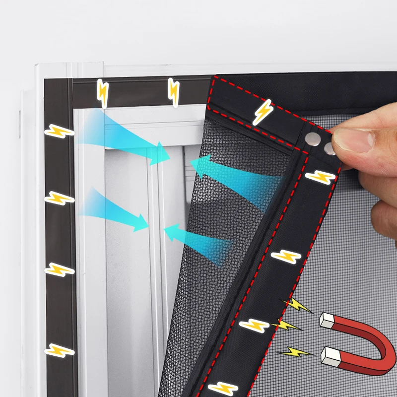 TYMF-anzariera magnética negra para ventana, tamaño personalizado, fibra de vidrio, malla invisible, cortinas para insectos, extraíble y lavable ﻿