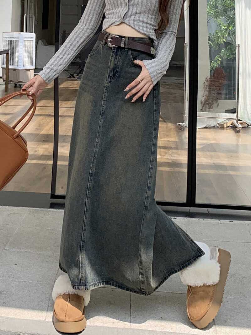 High Waist A-Line Midi Denim Skirt for Pear Shaped Women Spring Autumn plus Size Vintage Loose Slimming Skirts