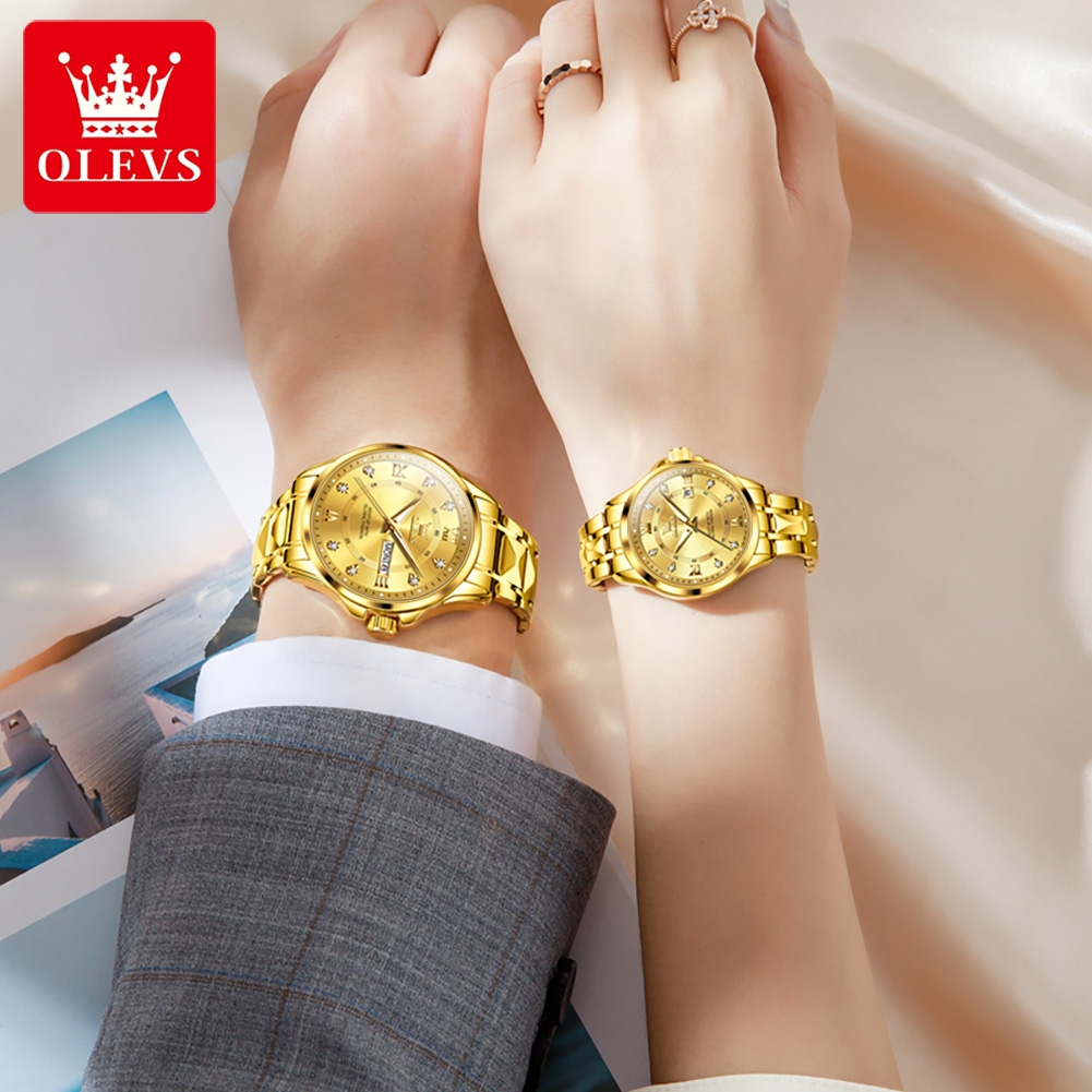 OLEVS นาฬิกาคู่แบรนด์หรูดั้งเดิมนาฬิกาควอตซ์สแตนเลสทองปฏิทินคู่ผู้ชายและกันน้ำสำหรับผู้หญิงเรืองแสง
