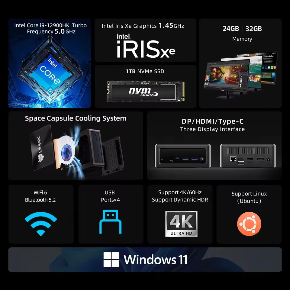 BMAX B9 Power Mini PC Intel Core i9-12900H Turbo Frequenza 5.0GHz 24GB DDR5 RAM 1TB NVMe SSD WiFi 6 Bluetooth 5.2