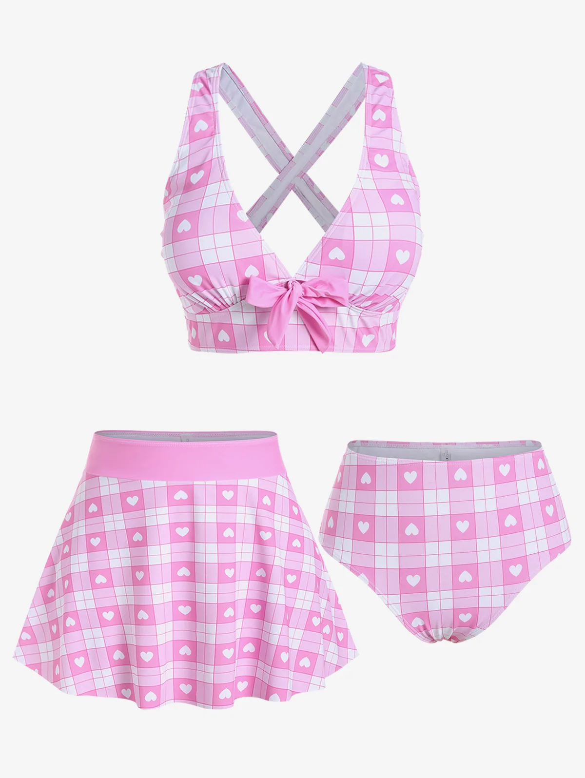 Rosegal Plus Size Valentines Herz-Schleife, kreuz und quer gepolstert, 3-teilig, Damen-Tankini-Oberteil, Slips und Badebekleidung mit hoher Taille