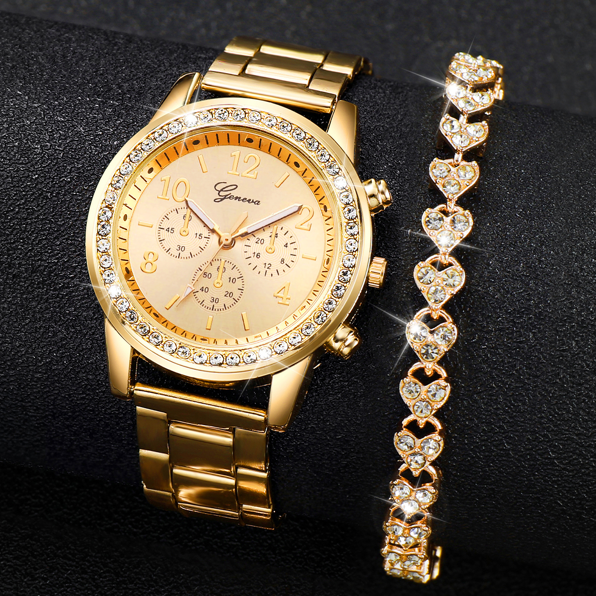 Fashion Women Stainless Steel  Gold Color Quartz Watch & Diamond Bracelet