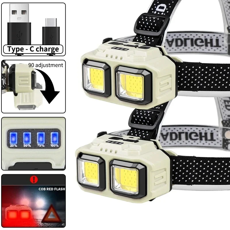 강력한 유도 COB LED 전조등 USB 충전식 헤드 손전등 작업 조명 야외 캠핑 검색 조명 낚시 헤드 토치
