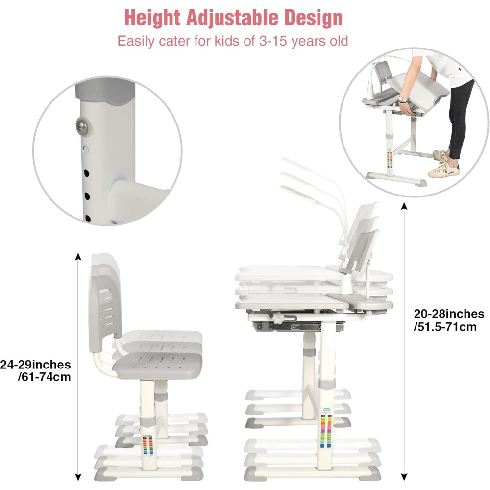 Height-Adjustable Kids Desk and Chair Set for Home Study with Storage, LED Light, Cup Holder, and Bookstand