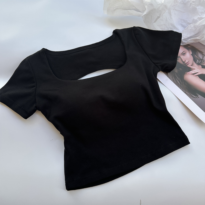 Camiseta para mujer, ropa con escote cuadrado, top corto de manga corta con sujetadores para mujeres y niñas, ropa de calle sexy, camisetas sin espalda