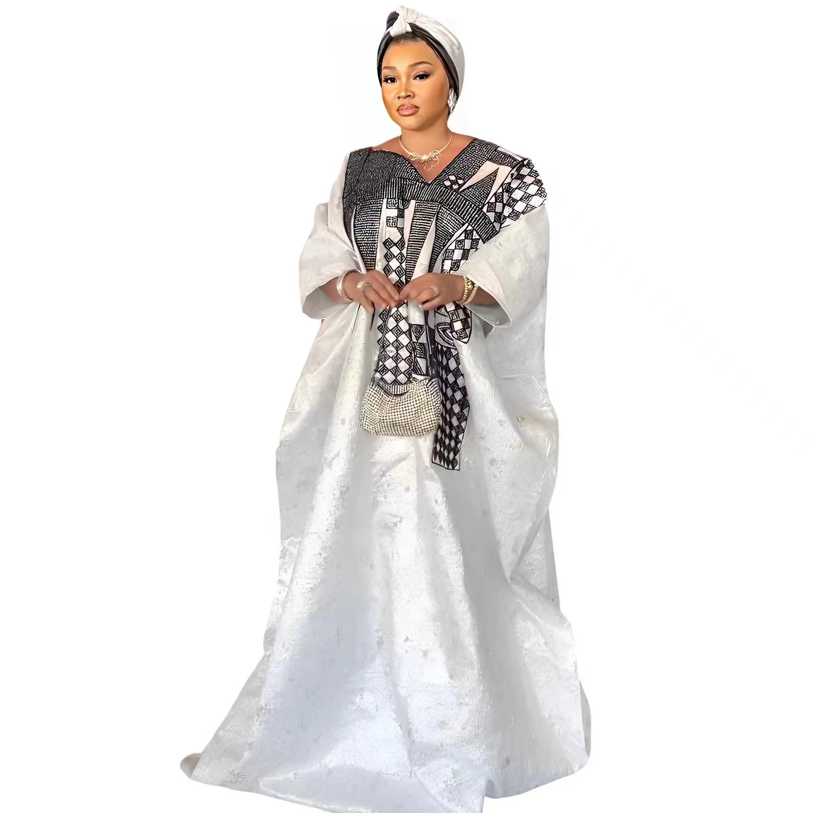 Afrikanisches Kleid für Frauen, Kleid in Übergröße, Bazin Riche-Stickerei mit Stickerei, bodenlanges Kleid mit Schal