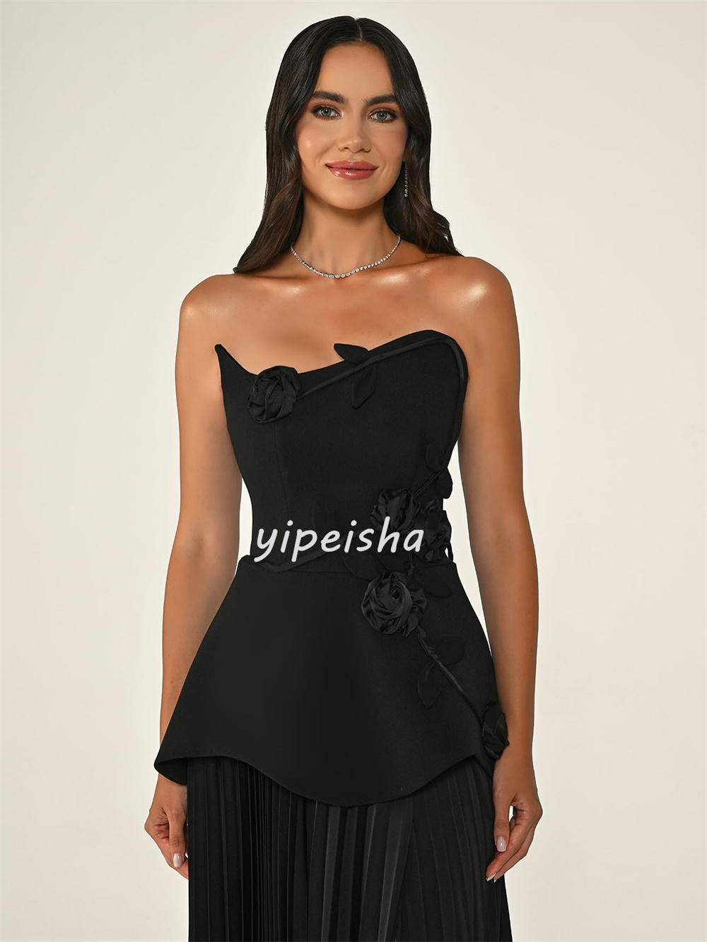 Maßgeschneiderte, moderne, elegante, handgefertigte, gerüschte, gerade, trägerlose, lange Kleider mit Blumenmuster, maßgeschneiderte Kleider für besondere Anlässe, Größen erhältlich