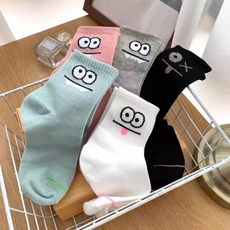 5/10 pares de calcetines tobilleros con estampado de expresión bonita para mujer, calcetines cortos cómodos interesantes de tubo medio para primavera y otoño, calcetines cortos Kawaii para niñas