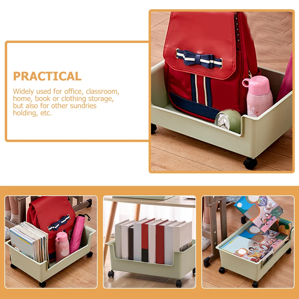 Movable Student Classroom Book Box with Pulleys Storage Organizer Sundry Sundries Container Bins Basket Plastic Holder Bookcase