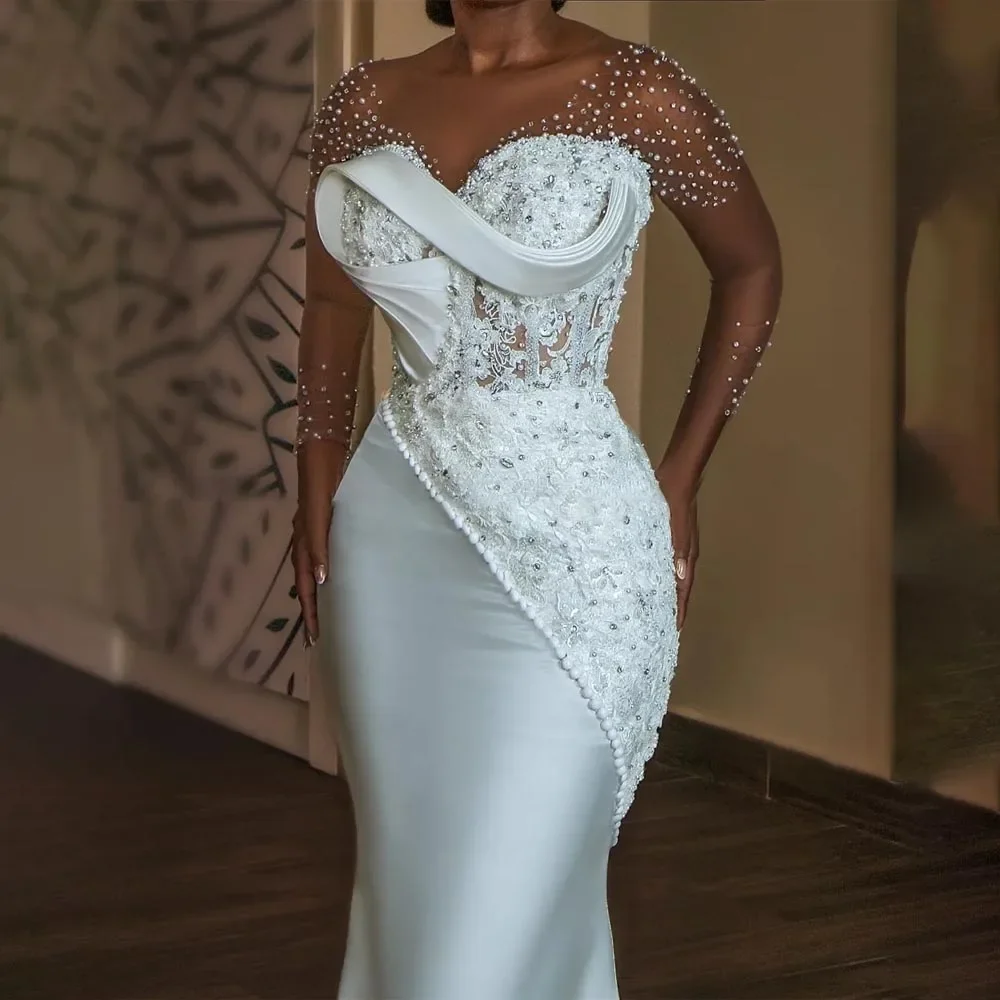Su Zhu Abiti da sposa in pizzo con perline di lusso personalizzati Maniche lunghe trasparenti Sirena con scollo a V Sweep Train Abito da sposa civile per la sposa