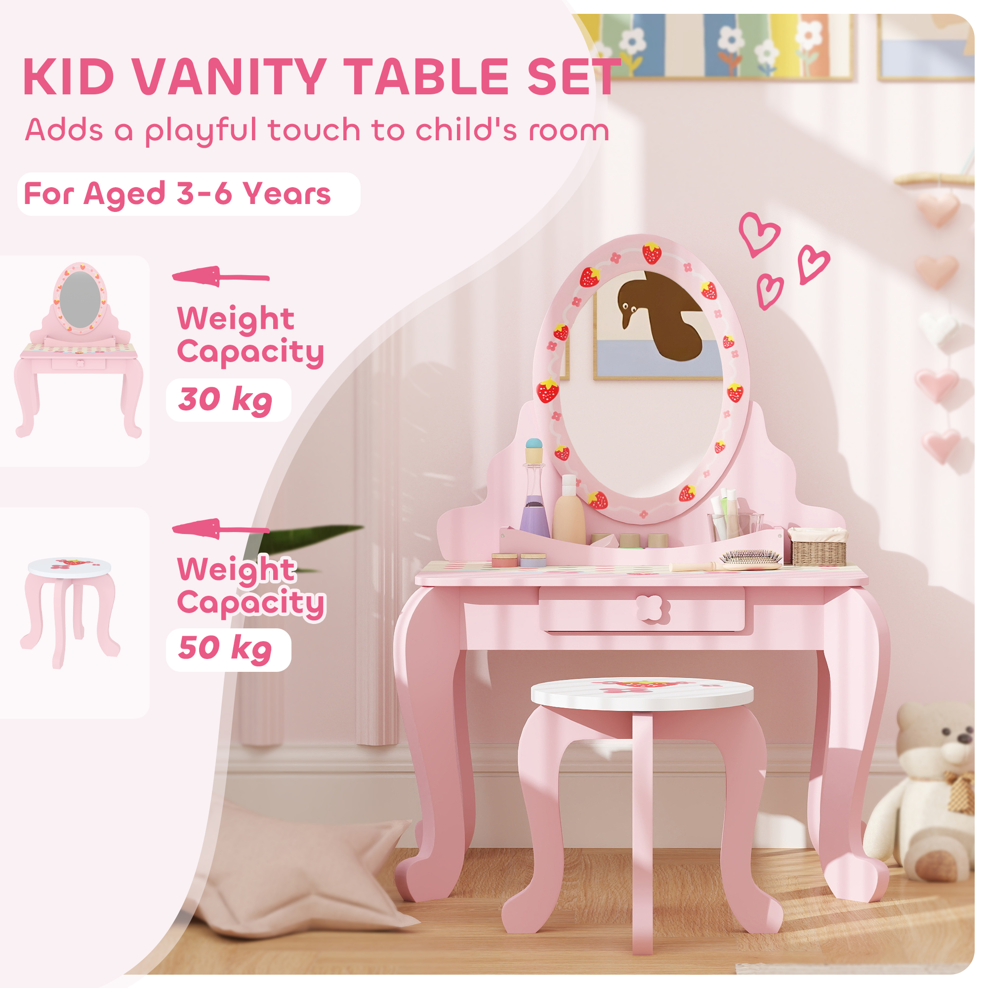 AIYAPLAY 2 PCS Children Vanity Table with Stool, Mirror, Desktop Storage, Strawberry Theme Girls Makeup Desk & Chair, Pink