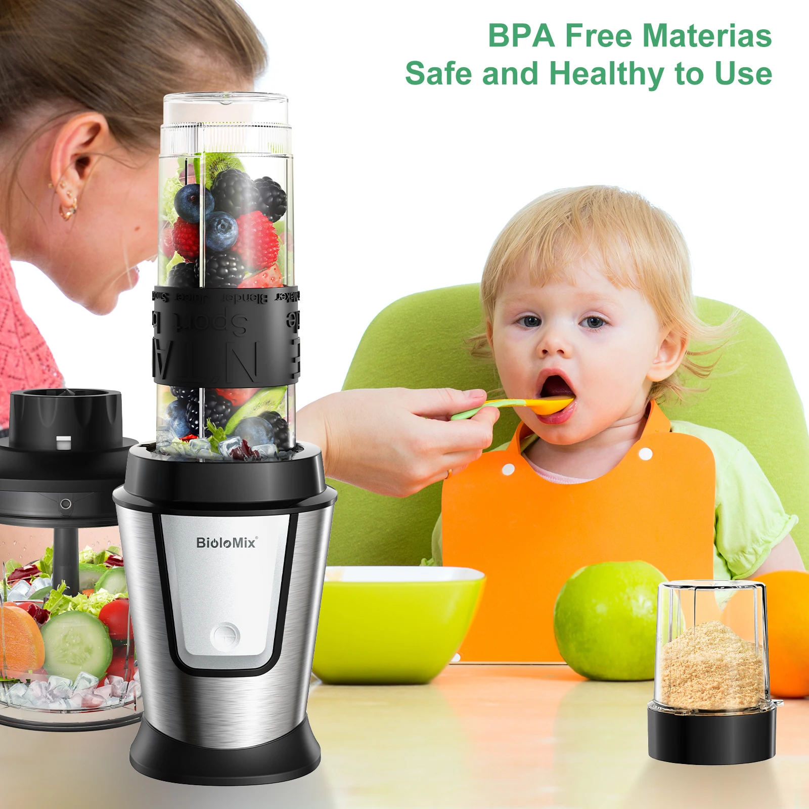 BioloMix-procesador de alimentos multifuncional 3 en 1, exprimidor portátil de 700W, batidora Personal, picadora de alimentos y picadora seca