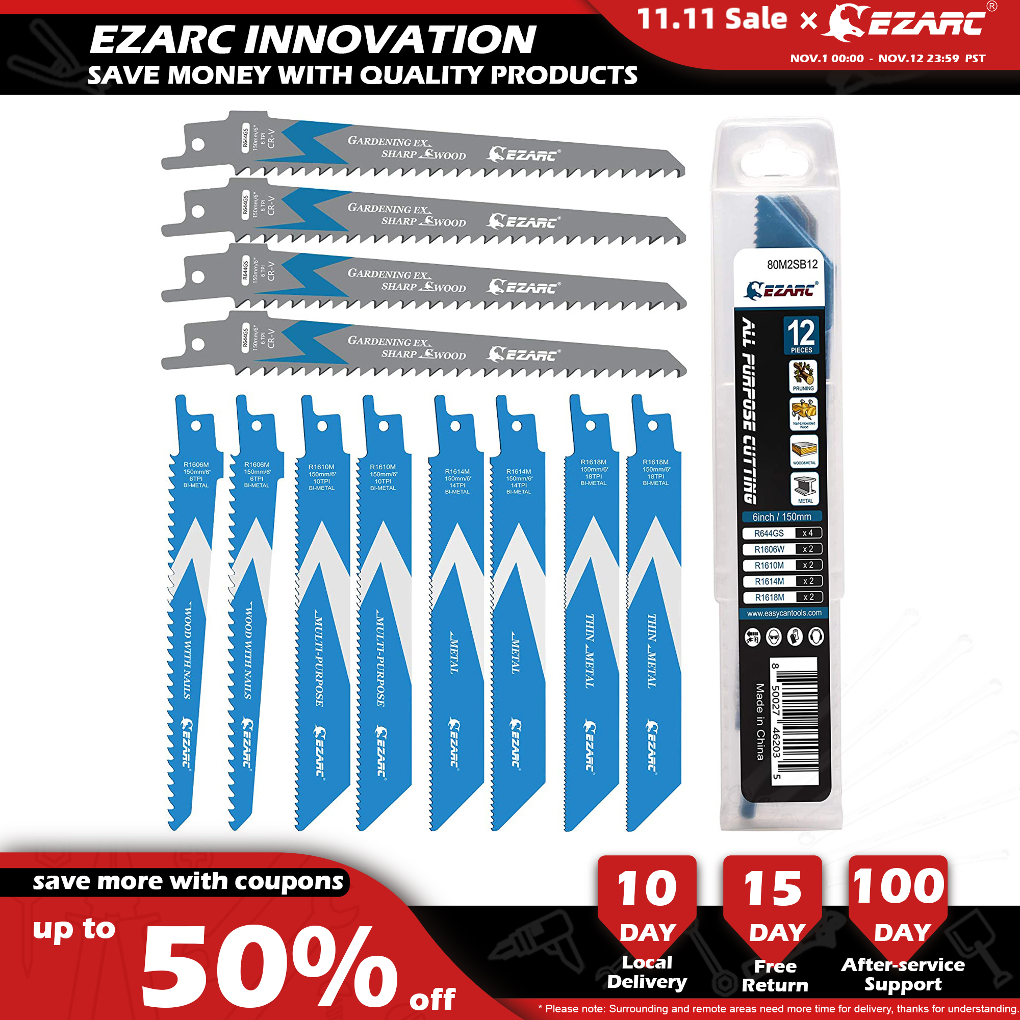 EZARC 6인치 150mm 왕복 톱 블레이드 키트, 금속 및 목재 절단용 바이메탈 철거 세이버 톱 블레이드 세트 12개