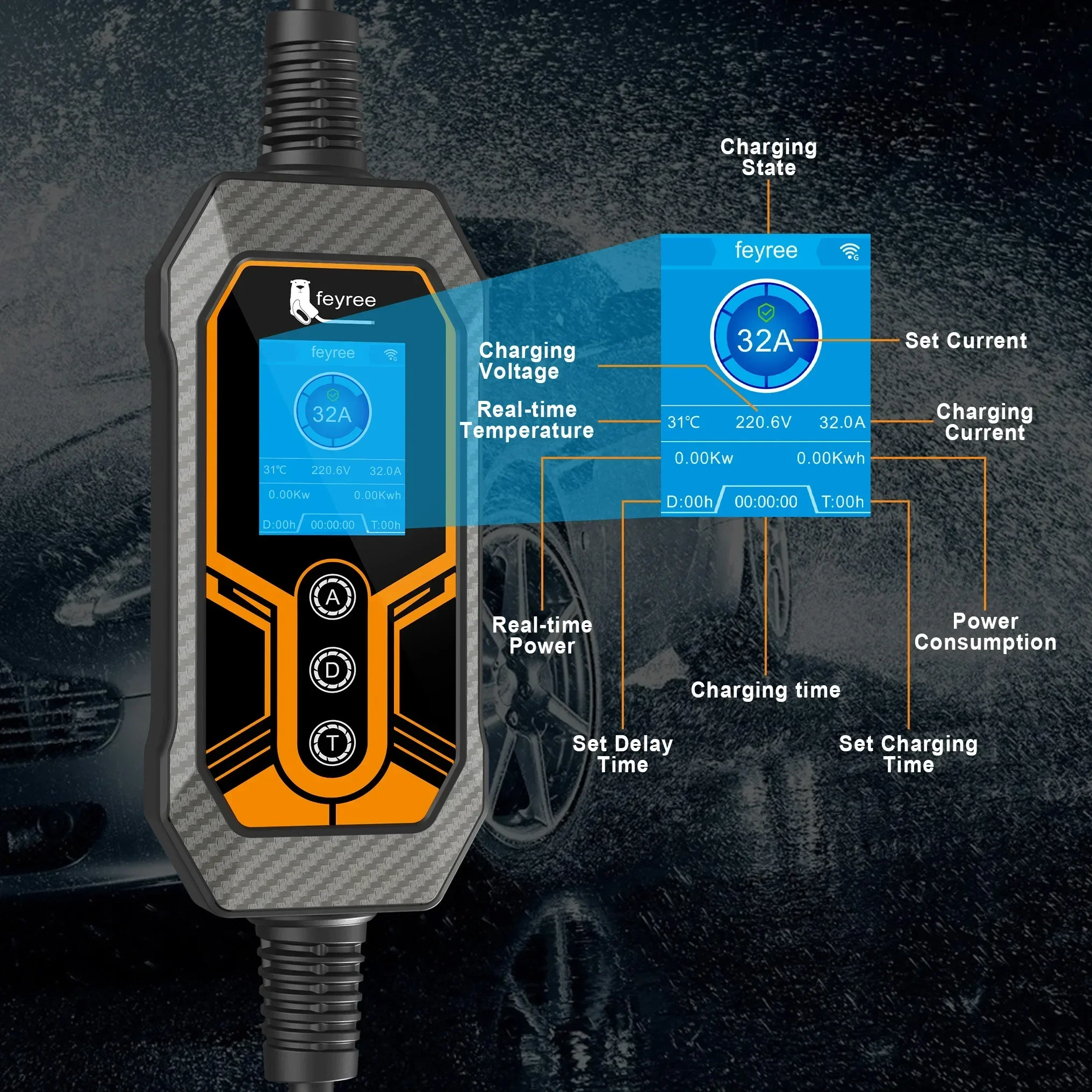 Шнур feyree GB/T 32A, 7 кВт, 1 фаза, интеллектуальное приложение, управление Wi-Fi, версия Bluetooth